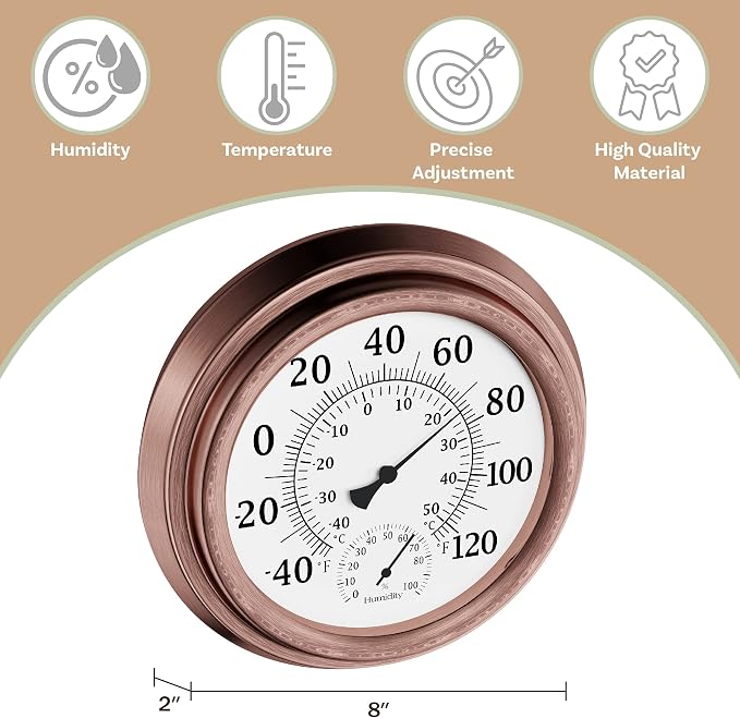 Wall Thermometer - 8-Inch Decorative Indoor/Outdoor Temperature and Hygrometer Gauge - for Home, Patio, Porch, or Sunroom by