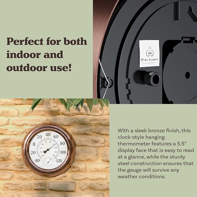 Wall Thermometer - 8-Inch Decorative Indoor/Outdoor Temperature and Hygrometer Gauge - for Home, Patio, Porch, or Sunroom by