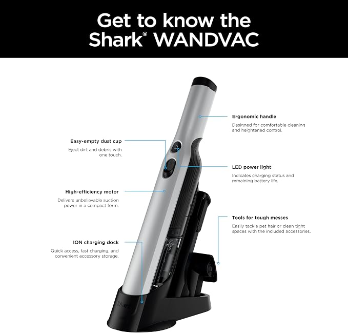 WANDVAC Cordless Hand Vac, Lightweight, Versatile and Portable at 1.4 lbs., Powerful Suction, Charging Dock, One-Touch Empty