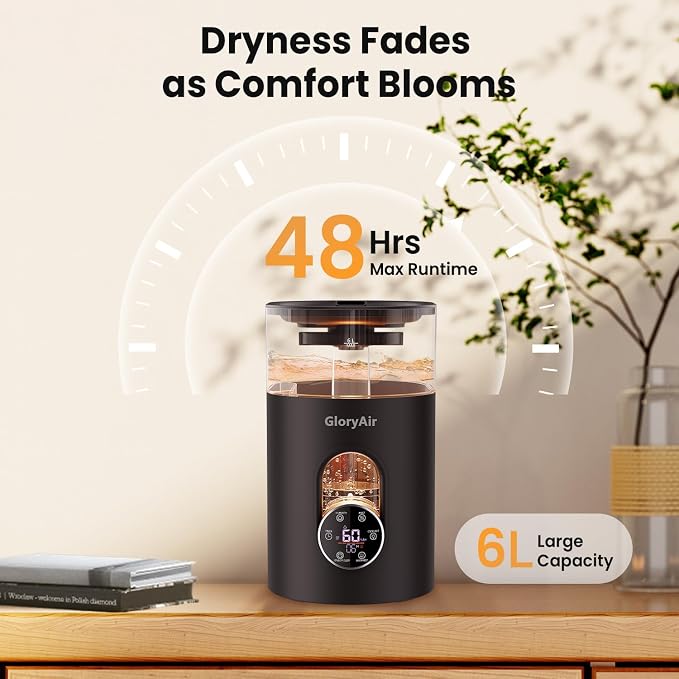 Warm & Cool Mist Humidifier - Black 6L Quiet Top Fill Humidifiers for Bedroom Large Room with Smart Humidity Control