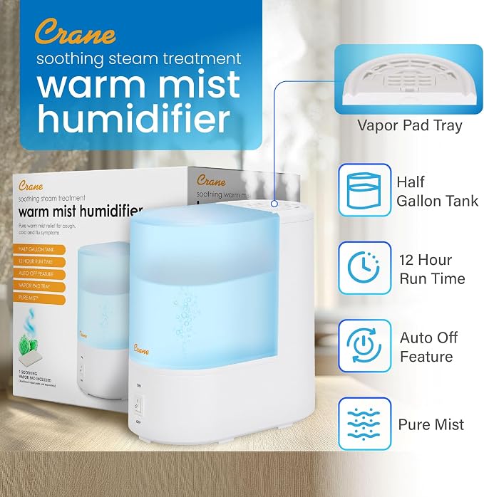 Warm Mist Humidifier, Small Humidifier for Bedroom, Office, Vapor Pad Tray, Soothing Warm Mist Humidifiers For Bedroom