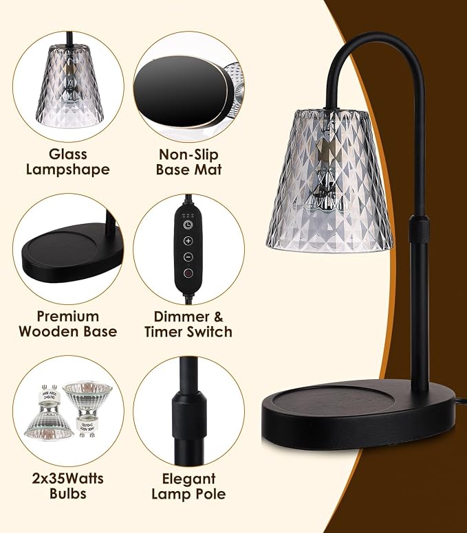 Warmer with Timer - Electric Candle Warmer with Dimmer, Adjustable Height, Vintage Nightstand Lamp Sets (Diamond Pattern)