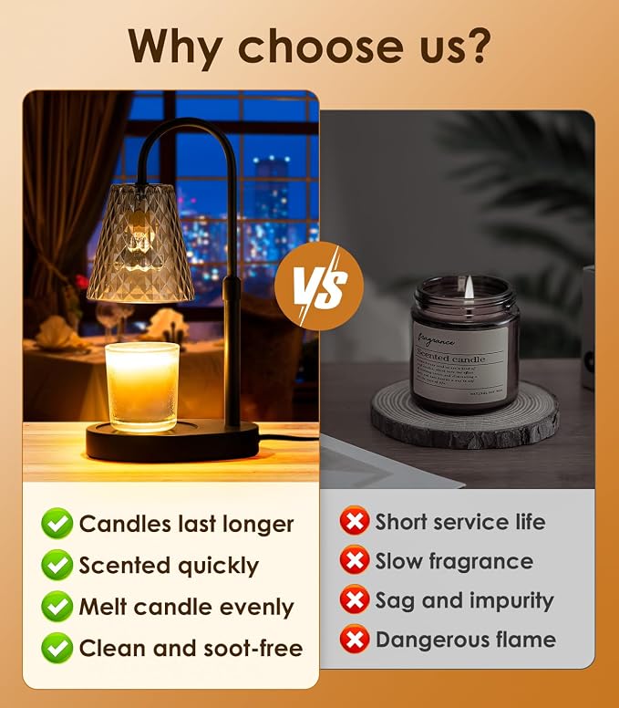 Warmer with Timer - Electric Candle Warmer with Dimmer, Adjustable Height, Vintage Nightstand Lamp Sets (Diamond Pattern)