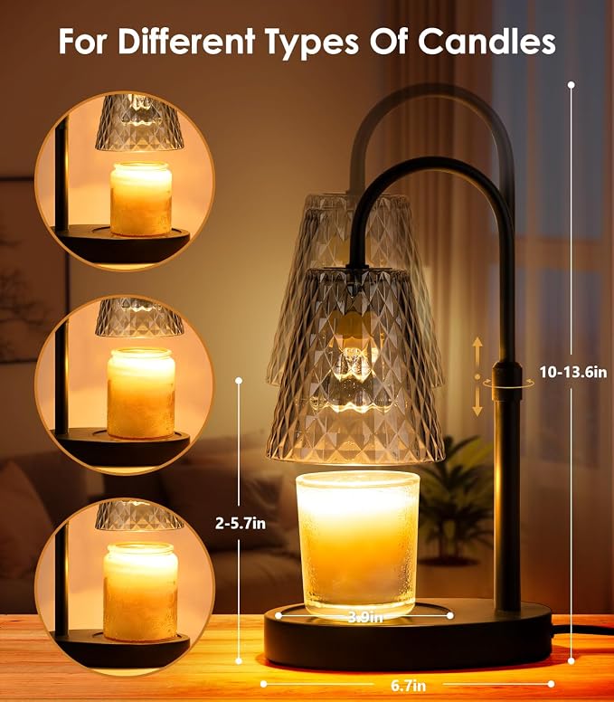 Warmer with Timer - Electric Candle Warmer with Dimmer, Adjustable Height, Vintage Nightstand Lamp Sets (Diamond Pattern)