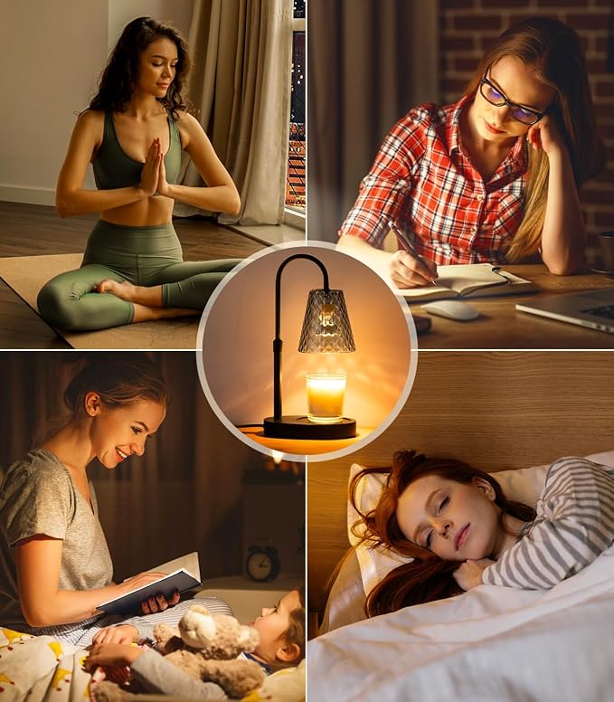 Warmer with Timer - Electric Candle Warmer with Dimmer, Adjustable Height, Vintage Nightstand Lamp Sets (Diamond Pattern)