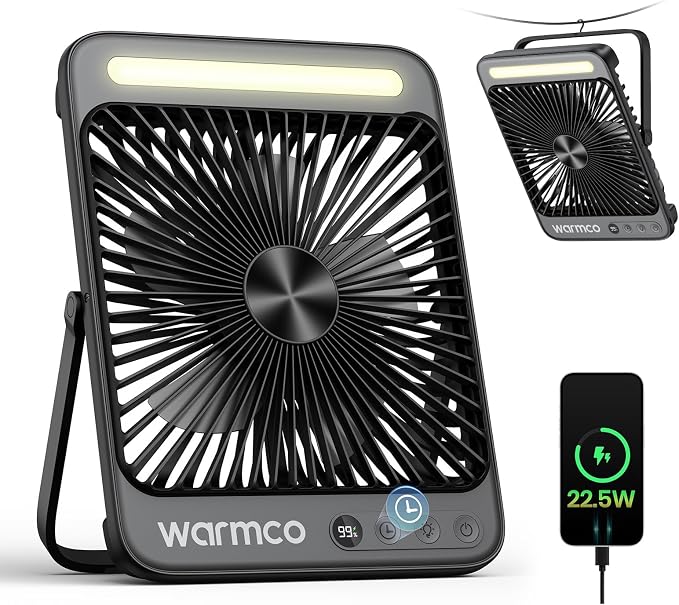 Battery Powered Fan, 20000mAh 22.5W 8-Inch Ultra-thin Rechargeable Camping Fan with LED Light, product
