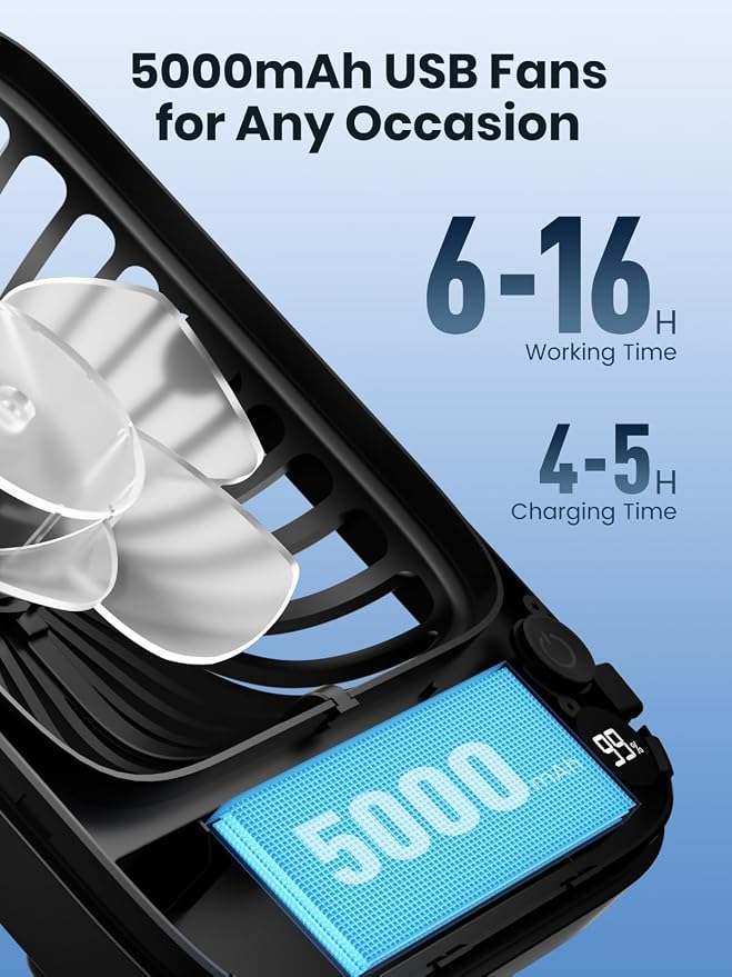 Portable Travel Fan 5000mAh, Ultra-thin Rechargeable Battery Operated Small Desk Fan, alternate