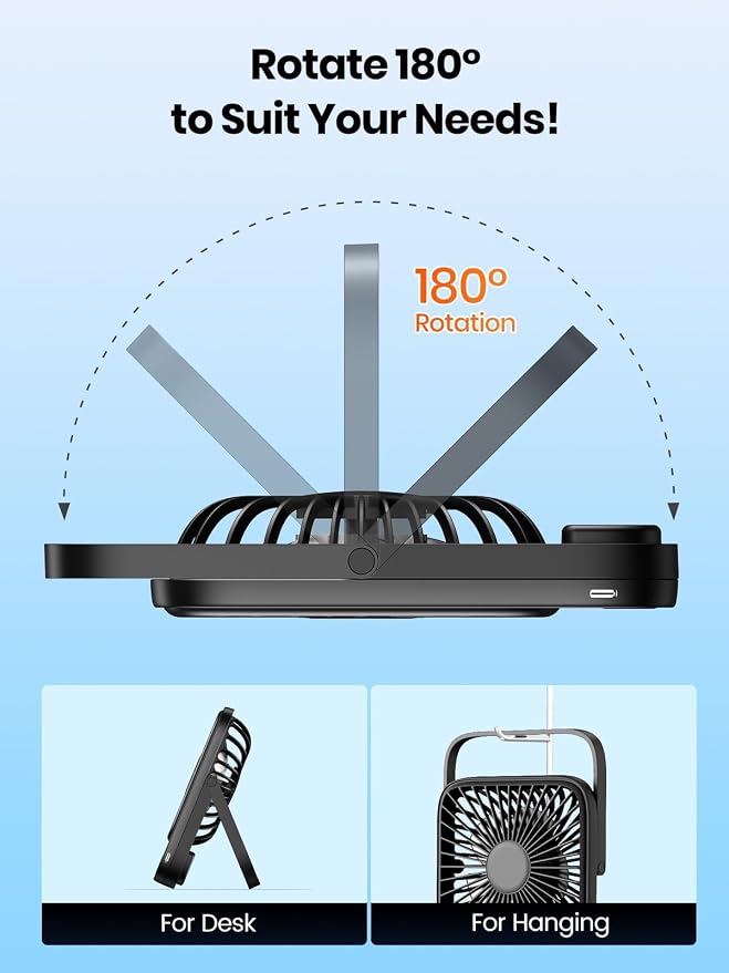 Portable Travel Fan 5000mAh, Ultra-thin Rechargeable Battery Operated Small Desk Fan, alternate