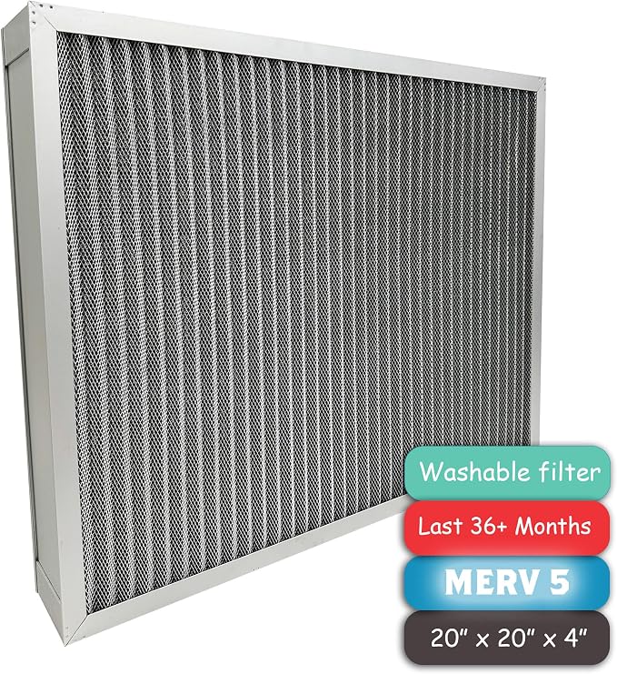 Washable Air Filter(20" x 20" x 4" MERV 5), Aluminum Electrostatic Air Filter for Furnace and Central Air Conditioner