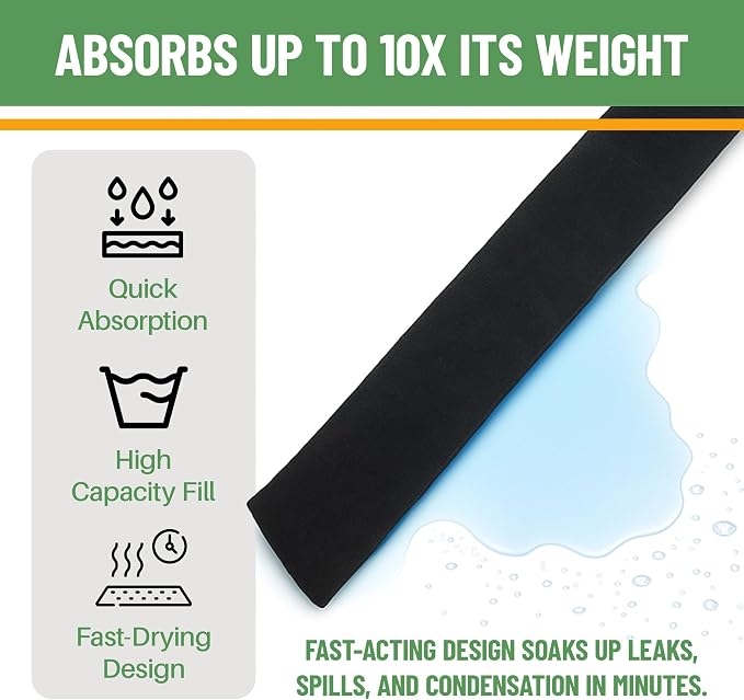 Water Absorber Snake Sock -3 Pack-Reusable Water Barrier - Absorbs 10 Times its Weight-Great for Leaks & Spills from Doors
