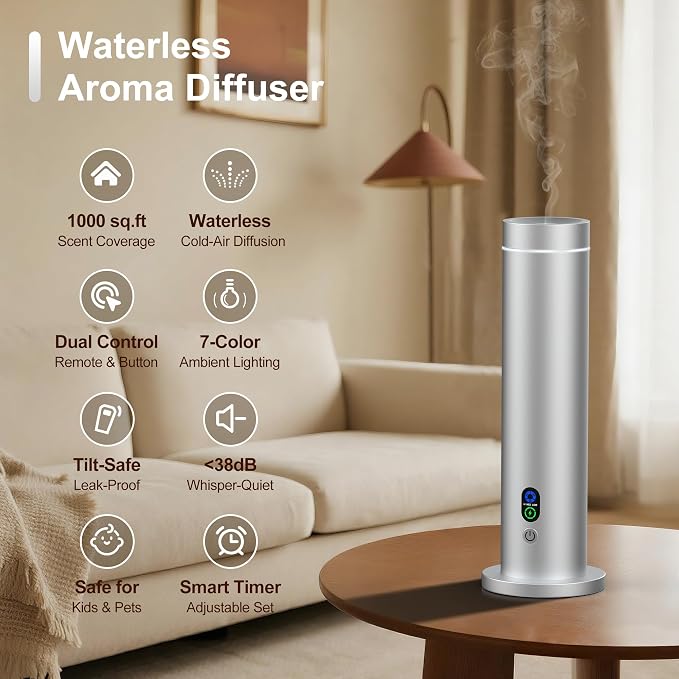 Waterless Diffuser, 1000 Sq.Ft Coverage, Essential Oil Diffuser with Tilt-Safe, Remote Control, Adjustable Mist, alternate