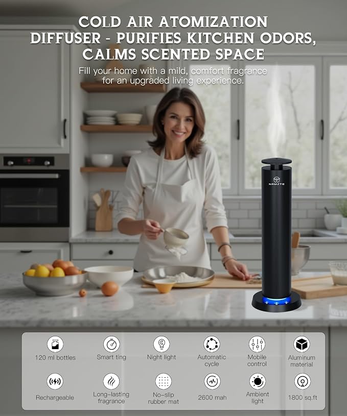 Waterless Diffuser Wireless Rechargeable Essential Oil Diffusers with LED Light – Bedroom Quiet Mist 1800 Sq Ft Coverage