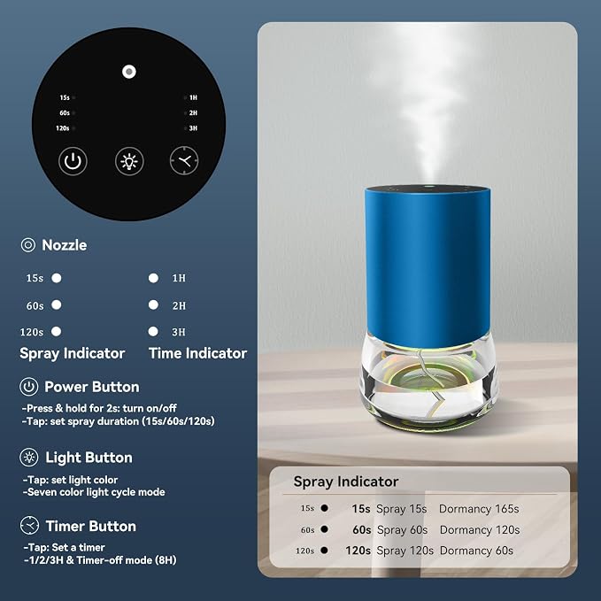 Waterless Essential Oil Diffuser 100ML Large Capacity Battery Operated Cordless Aromatherapy Diffuser with Timing & 3 Mist