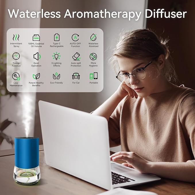 Waterless Essential Oil Diffuser 100ML Large Capacity Battery Operated Cordless Aromatherapy Diffuser with Timing & 3 Mist