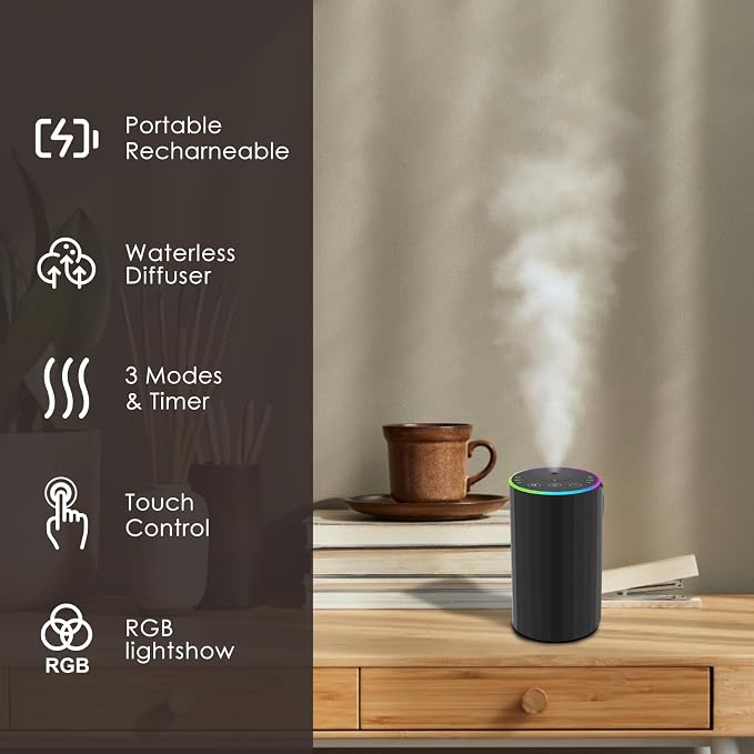 Waterless Essential Oil Diffuser, 7 Colors LED Light, Battery Powered Mini Scent Air Machine, alternate product view 4