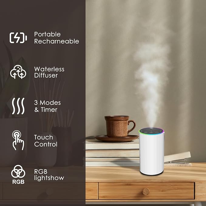 Waterless Essential Oil Diffuser, 7 Colors LED Light, Battery Powered Mini Scent Air Machine, alternate product view 4