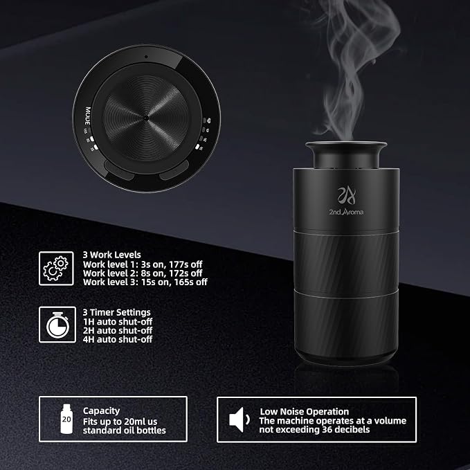 Waterless Essential Oil Diffuser, Aluminum Rechargeable Battery Operated Diffuser, 3 Timer Settings, 3 Mist Levels, alternate