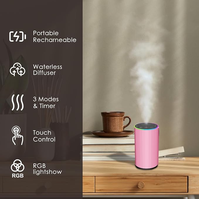 Waterless Essential Oil Diffuser, Battery Powered Mini Scent Air Machine, Aromatherapy Mist Diffuser for Home Room Car Office