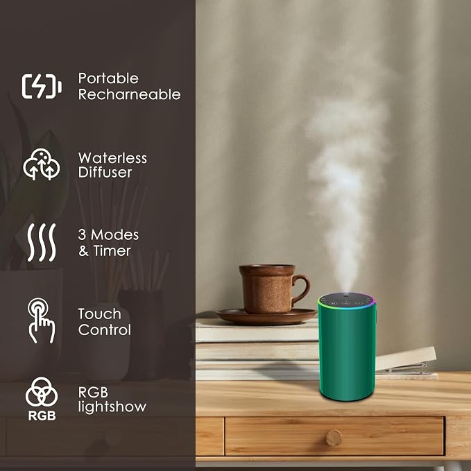 Waterless Essential Oil Diffuser, Battery Powered Mini Scent Air Machine, Aromatherapy Mist Diffuser for Home Room Car Office