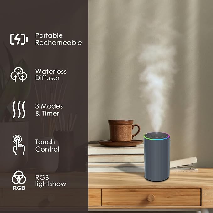 Waterless Essential Oil Diffuser, Battery Powered Mini Scent Air Machine, Aromatherapy Mist Diffuser for Home Room Car Office