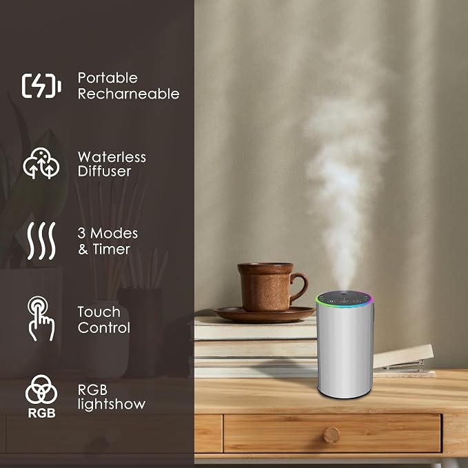 Waterless Essential Oil Diffuser, Battery Powered Mini Scent Air Machine, Aromatherapy Mist Diffuser for Home Room Car Office