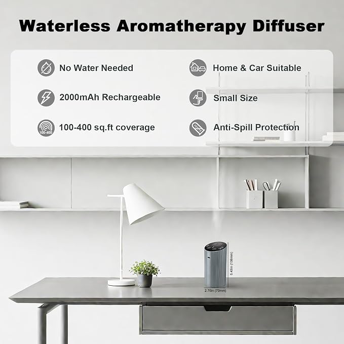 Waterless Essential Oil Diffuser for Home Car Office, Scent Diffuser with 4 Timer (1/3/6H & Off) & 3 Mist(L/M/H), alternate