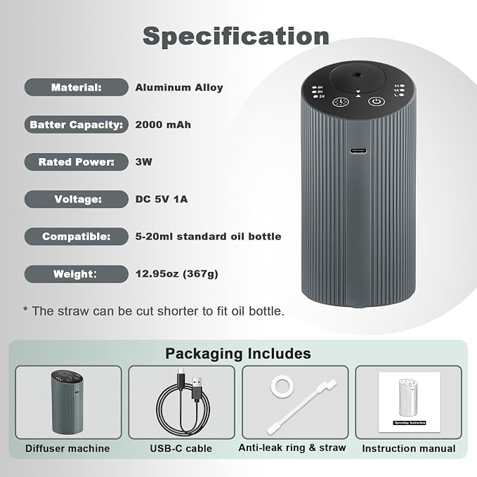 Waterless Essential Oil Diffuser for Home Car Office, Scent Diffuser with 4 Timer (1/3/6H & Off) & 3 Mist(L/M/H), alternate