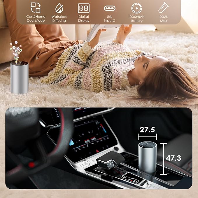 Waterless Essential Oil Diffuser, Portable Aromatherapy Diffuser, Mini Scent Machine, Battery Operated, 1/4/8-Hour Timer
