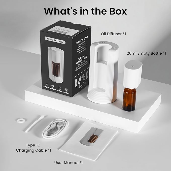 Waterless Essential Oil Diffuser, Portable Small Mini Scent Air Machine, Quiet Leak-Proof Home Fragrance Aroma Diffuser