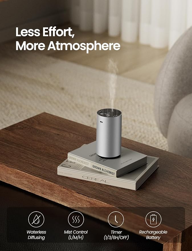 Waterless Essential Oil Diffuser, Rechargeable Scent Diffusers with 3 Mist Levels & Timers, alternate product view 2