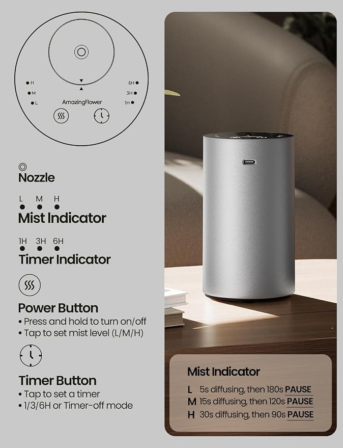 Waterless Essential Oil Diffuser, Rechargeable Scent Diffusers with 3 Mist Levels & Timers, alternate product view 3