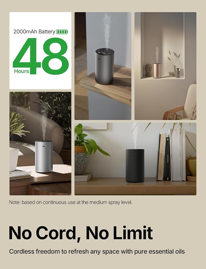 Waterless Essential Oil Diffuser, Rechargeable Scent Diffusers with 3 Mist Levels & Timers, alternate product view 8