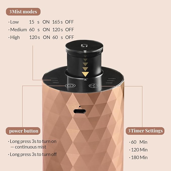 Waterless Essential Oil Diffuser - Rose Gold Portable Aromatherapy Scent Machine with 3 Mist Modes & Timer, alternate product