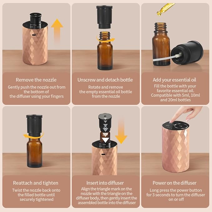 Waterless Essential Oil Diffuser - Rose Gold Portable Aromatherapy Scent Machine with 3 Mist Modes & Timer, alternate product