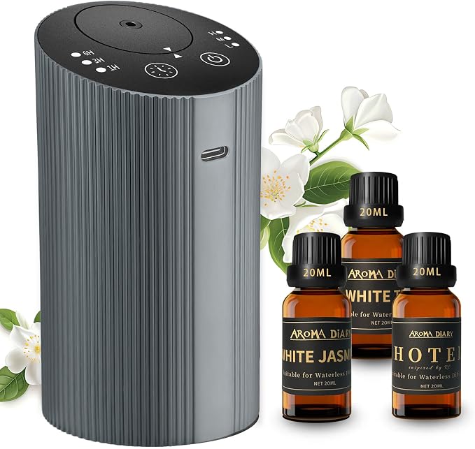 Waterless Essential Oil Diffuser Starter Kit for Home Car Office, Small Scent Diffuser with 60mL Fragrance Oil, Battery