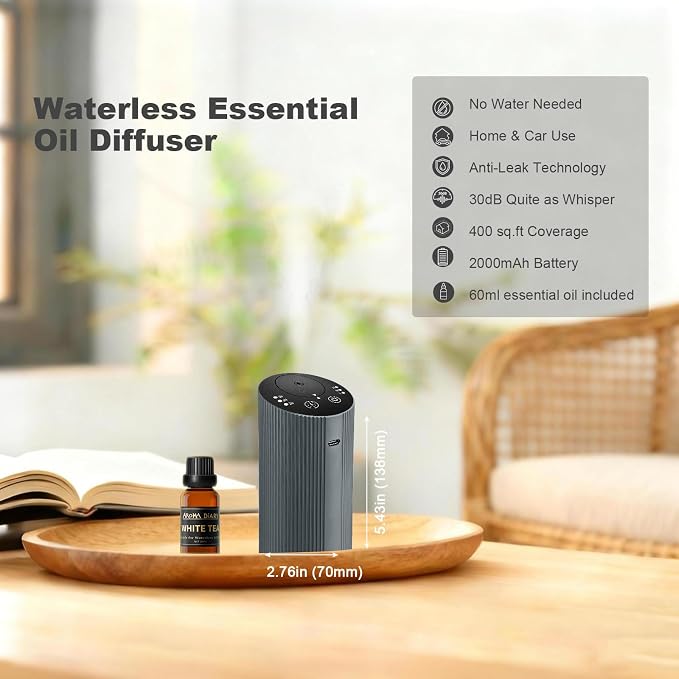 Waterless Essential Oil Diffuser Starter Kit for Home Car Office, Small Scent Diffuser with 60mL Fragrance Oil, Battery