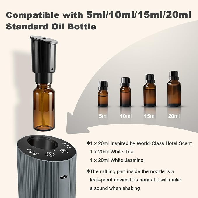 Waterless Essential Oil Diffuser Starter Kit for Home Car Office, Small Scent Diffuser with 60mL Fragrance Oil, Battery