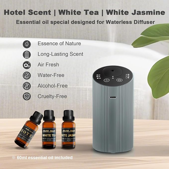 Waterless Essential Oil Diffuser Starter Kit for Home Car Office, Small Scent Diffuser with 60mL Fragrance Oil, Battery