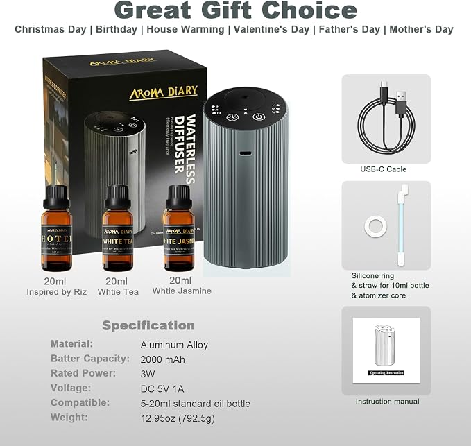 Waterless Essential Oil Diffuser Starter Kit for Home Car Office, Small Scent Diffuser with 60mL Fragrance Oil, Battery