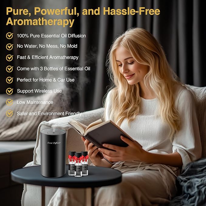 Waterless Essential Oil Diffuser Starter Kit - No Water Needed, Battery Operated Mini Scent Air Machine, Included 3x20ML