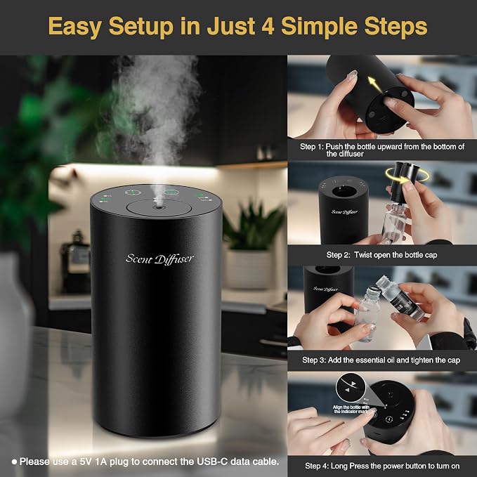 Waterless Essential Oil Diffuser Starter Kit - No Water Needed, Battery Operated Mini Scent Air Machine, Included 3x20ML