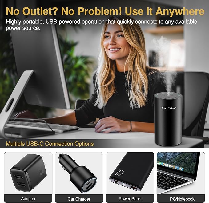 Waterless Essential Oil Diffuser Starter Kit - No Water Needed, Battery Operated Mini Scent Air Machine, Included 3x20ML
