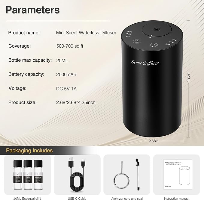 Waterless Essential Oil Diffuser Starter Kit - No Water Needed, Battery Operated Mini Scent Air Machine, Included 3x20ML