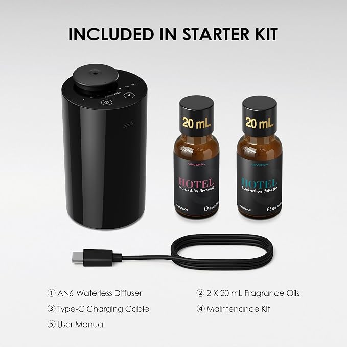 Waterless Essential Oil Diffuser Starter Kit with 2x20mL Hotel Fragrance Oils for Car Home Office, alternate product view 6