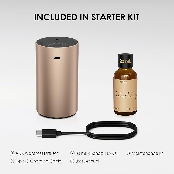 Waterless Essential Oil Diffuser Starter Kit with 30mL Sandal Lux Fragrance Oil Inspired by Luxury Hotel Scent for Home Car