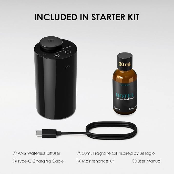 Waterless Essential Oil Diffuser Starter Kit with 30mL Hotel Fragrance Oil Inspired by Blagio, Battery Operated Car Diffuser