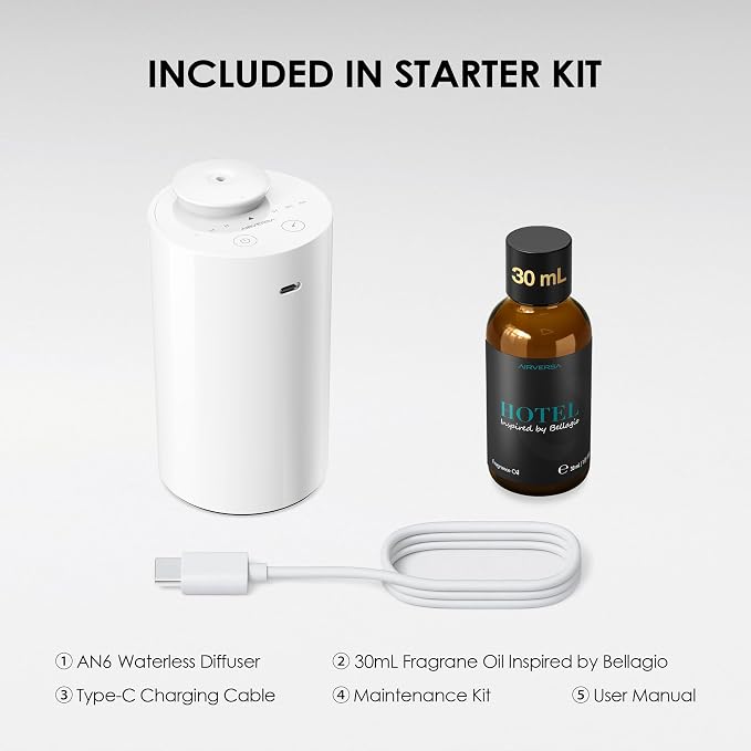 Waterless Essential Oil Diffuser Starter Kit with 30mL Hotel Fragrance Oil Inspired by Blagio, Battery Operated Car Diffuser
