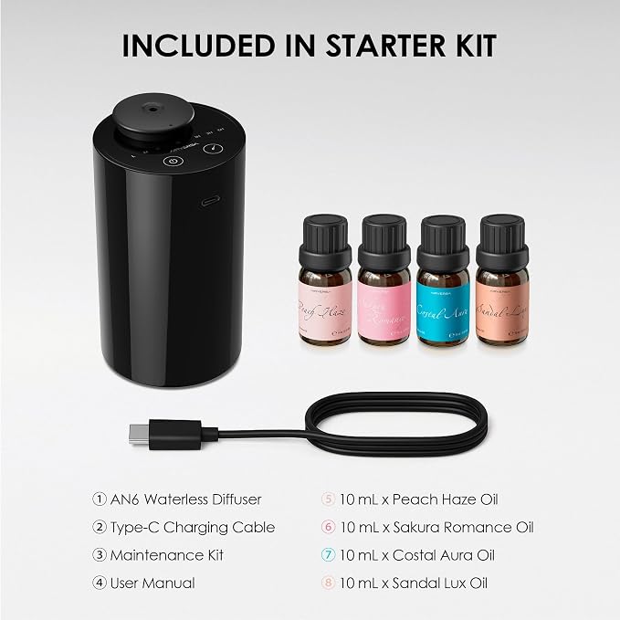 Waterless Essential Oil Diffuser Starter Kit with 4 x 10mL Fragrance Scent Oil, alternate product view 6