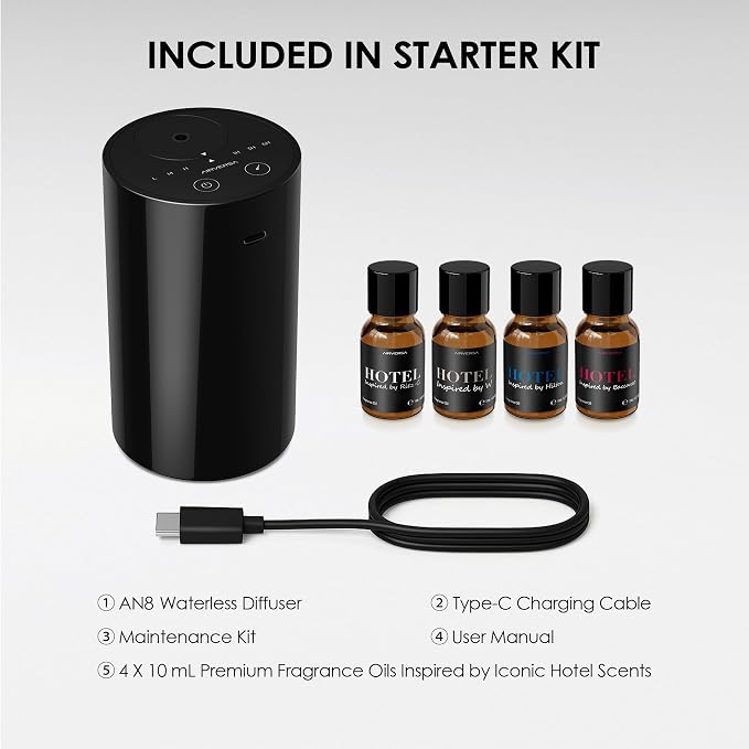 Waterless Essential Oil Diffuser Starter Kit with 4 x 10mL Hotel Scent Fragrance Oil, alternate product view 4