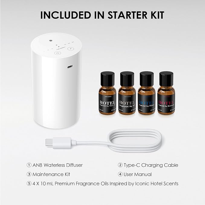 Waterless Essential Oil Diffuser Starter Kit with 4 x 10mL Hotel Scent Fragrance Oil, alternate product view 4